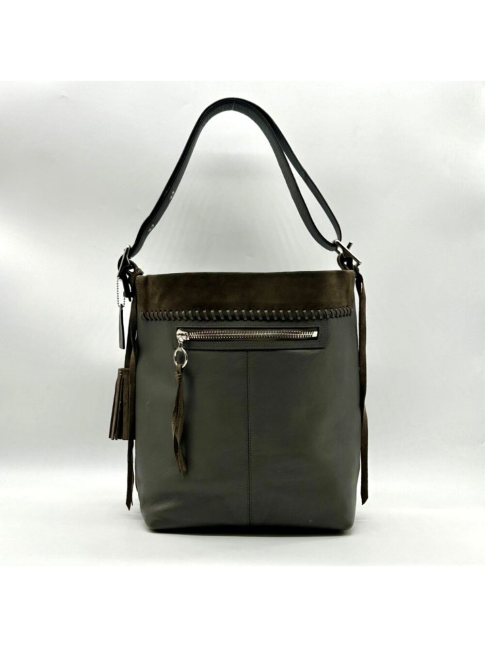 Coach Grey Leather And Suede Fringe Shoulder Bag - Picture 2 of 12